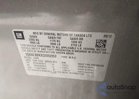 2012 GMC Terrain Sle-2 из США, поврежденный, VIN 2GKALSEKXC6352052